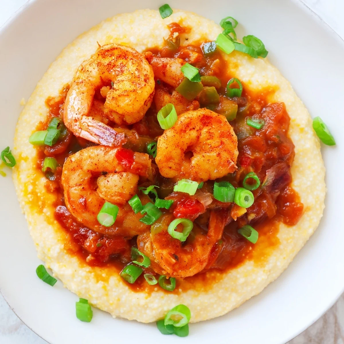 Savory Creole Shrimp and Grits featuring plump shrimp and a vibrant tomato gravy garnished with green onions.