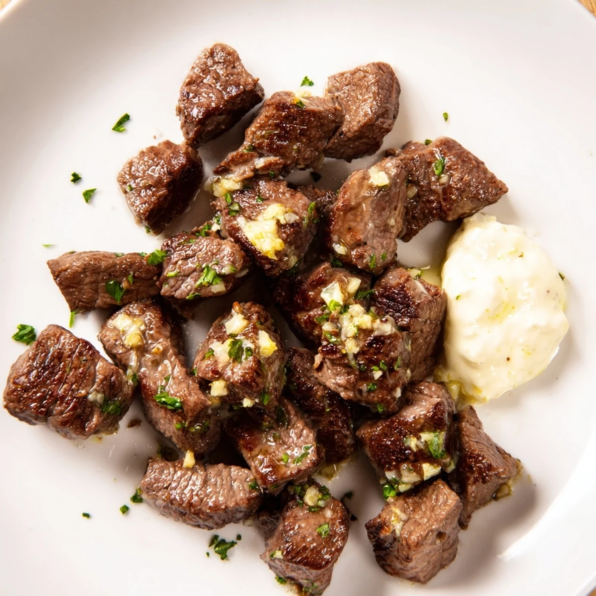 Golden-brown Garlic Butter Steak Bites sizzling in a skillet, garnished with fresh parsley and served with a creamy horseradish dipping sauce.