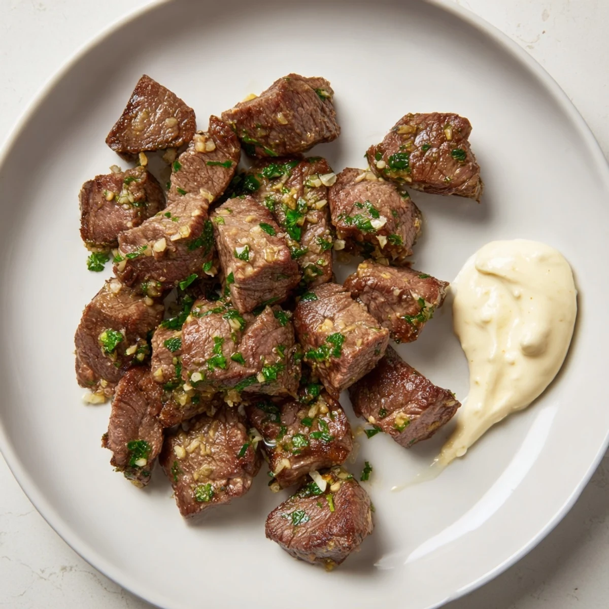 Tender, juicy Garlic Butter Steak Bites coated in melted butter and minced garlic, perfect for dipping into a zesty horseradish sauce.