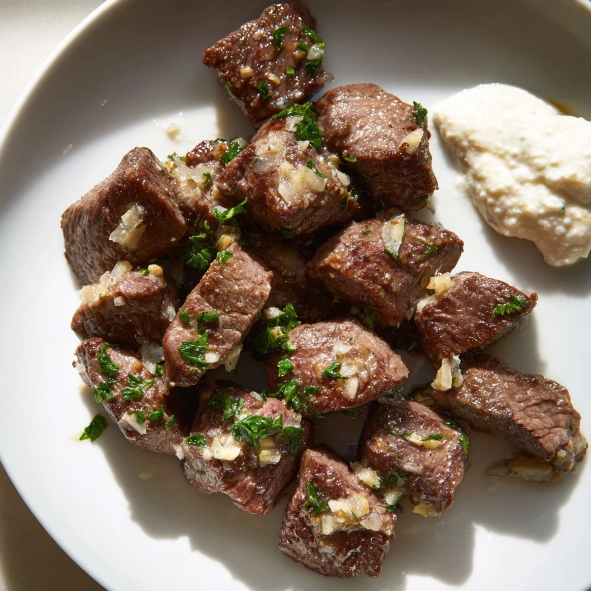 A close-up of Garlic Butter Steak Bites on a plate, showcasing a seared crust alongside a dollop of cool, creamy horseradish sauce.