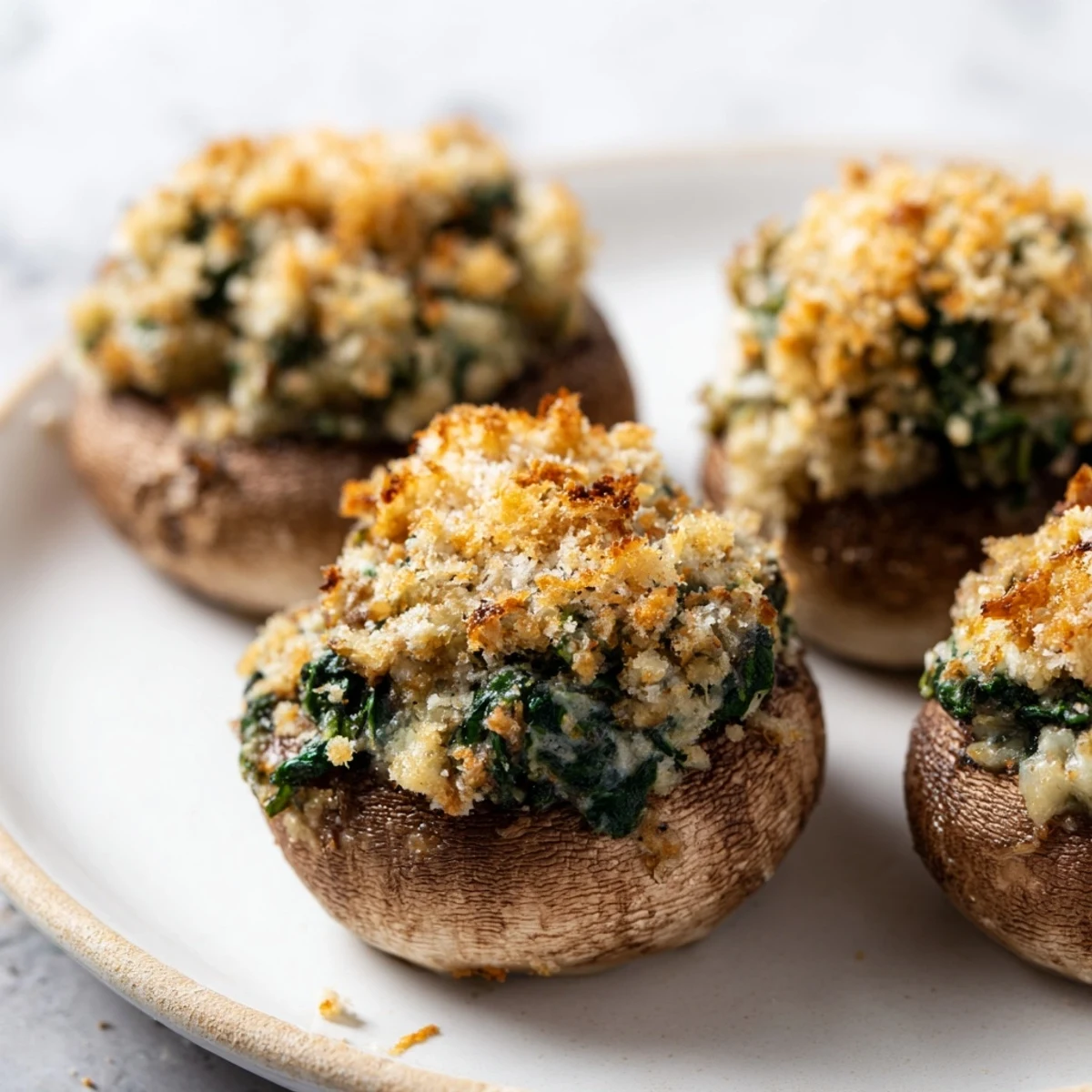 Golden-baked Vegetarian Stuffed Mushrooms are filled with a creamy spinach, garlic, and cheese mixture, served warm as an elegant appetizer.