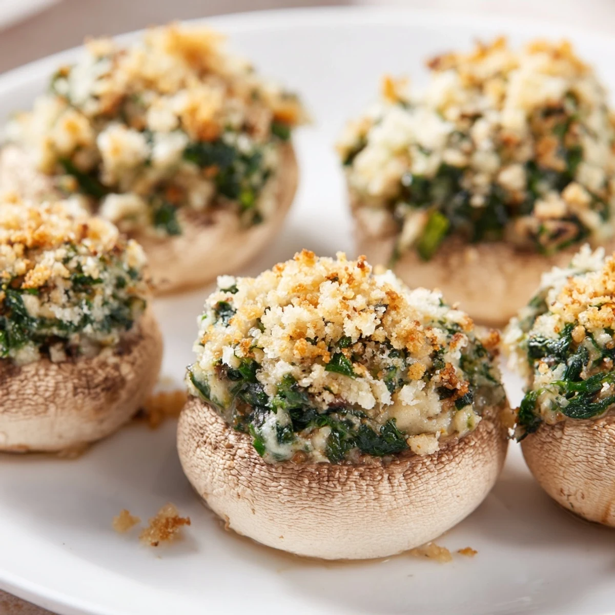 A close-up shows golden, crispy-topped Vegetarian Stuffed Mushrooms with spinach filling, baked and ready to serve alongside a pasta dinner.