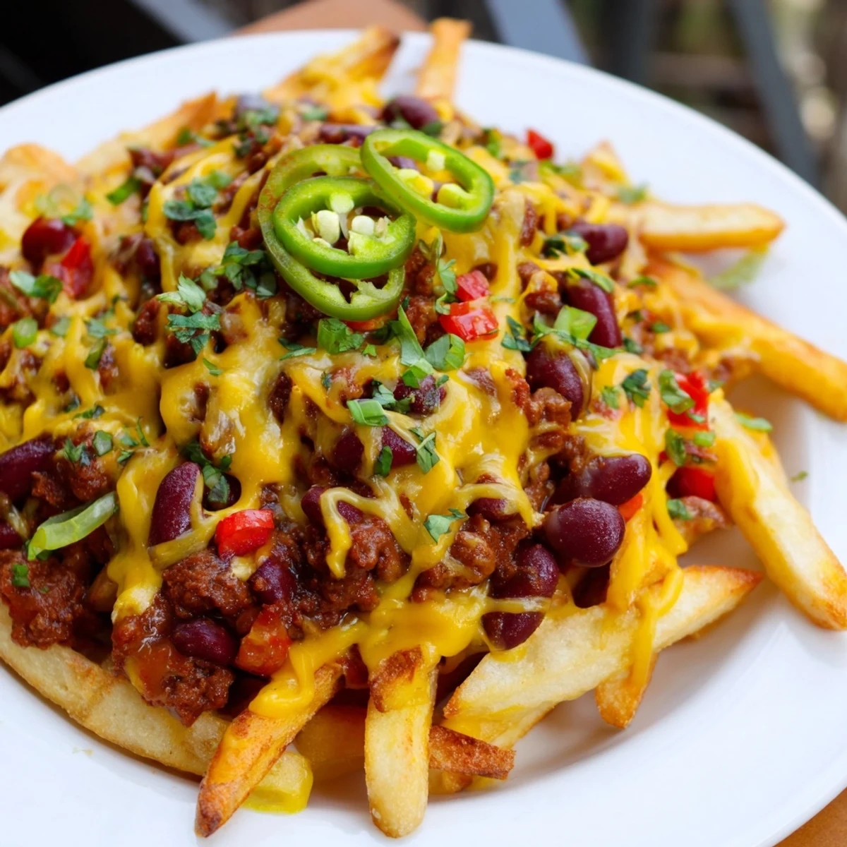 Steamy, gooey Game Day Chili Cheese Fries topped with sharp cheddar, jalapeños, and cilantro, served hot from the oven.