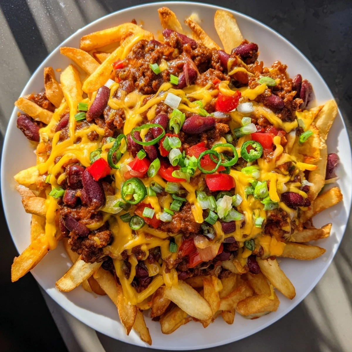 Crispy golden Game Day Chili Cheese Fries piled high with hearty beef chili and melted cheddar cheese, perfect for a crowd.