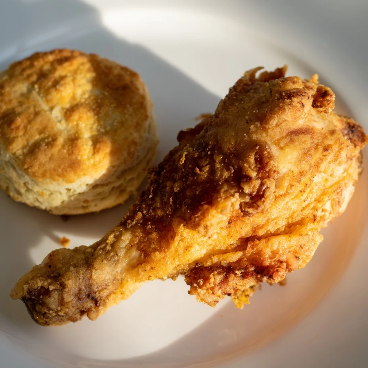 Freshly fried Southern Fried Chicken with golden, crispy skin next to warm, flaky buttermilk biscuits on a rustic platter.