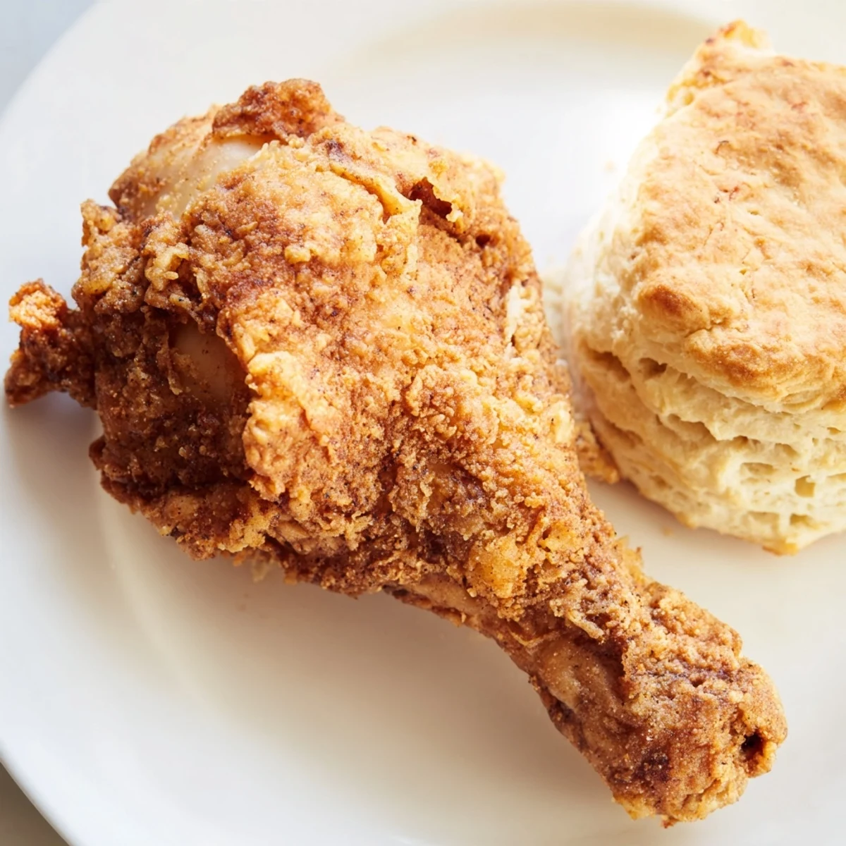 Hearty Southern Fried Chicken with crunchy coating alongside freshly baked buttermilk biscuits on a checked napkin.