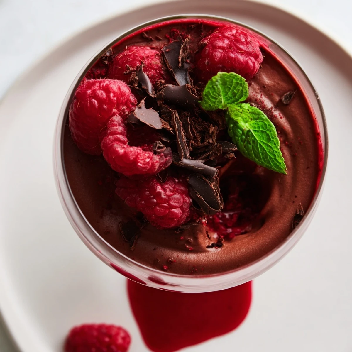 Airy chocolate mousse topped with bright raspberry coulis in a clear glass, garnished with fresh berries and mint.