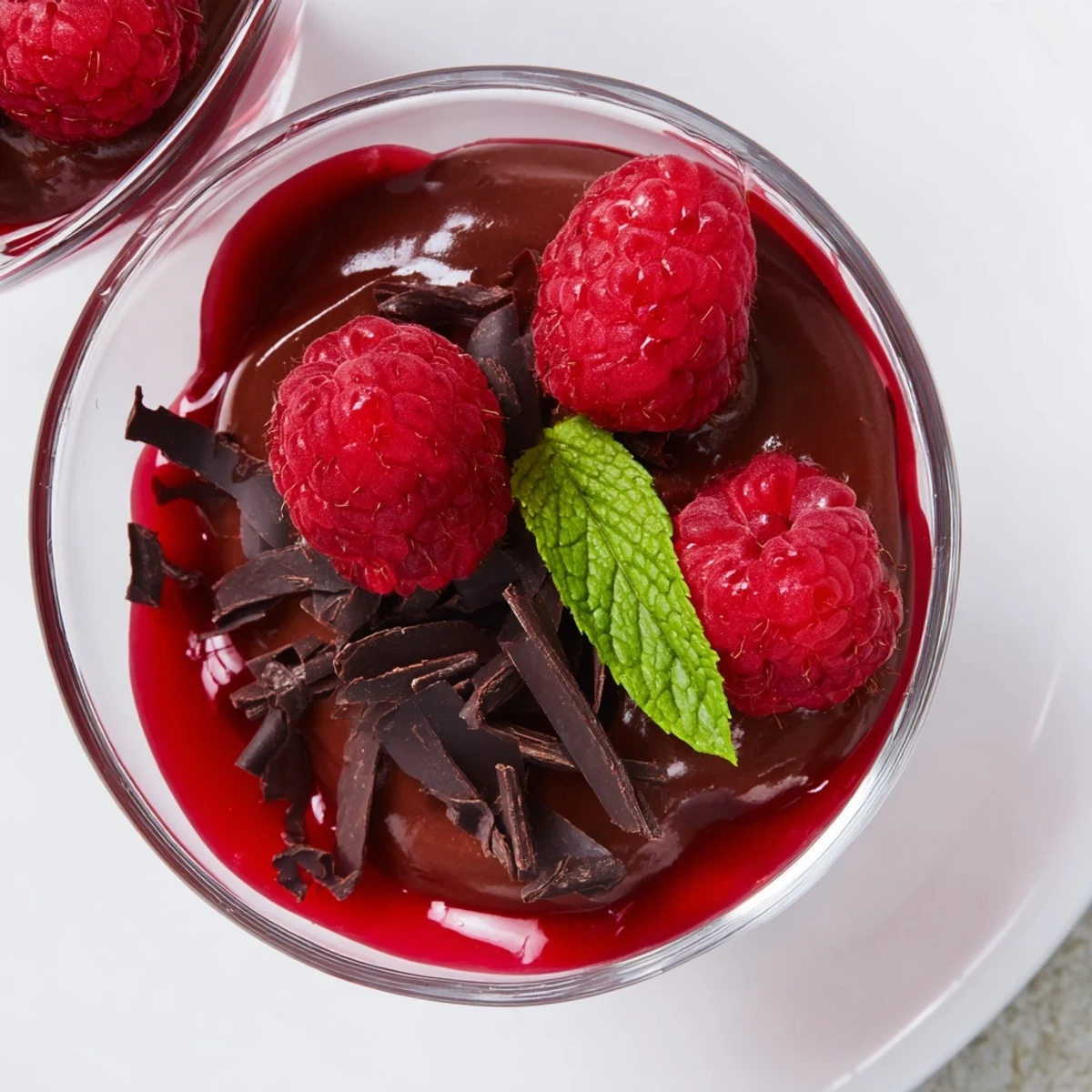Silky chocolate mousse swirled with vibrant red raspberry coulis, served elegantly in a stemmed dessert glass.