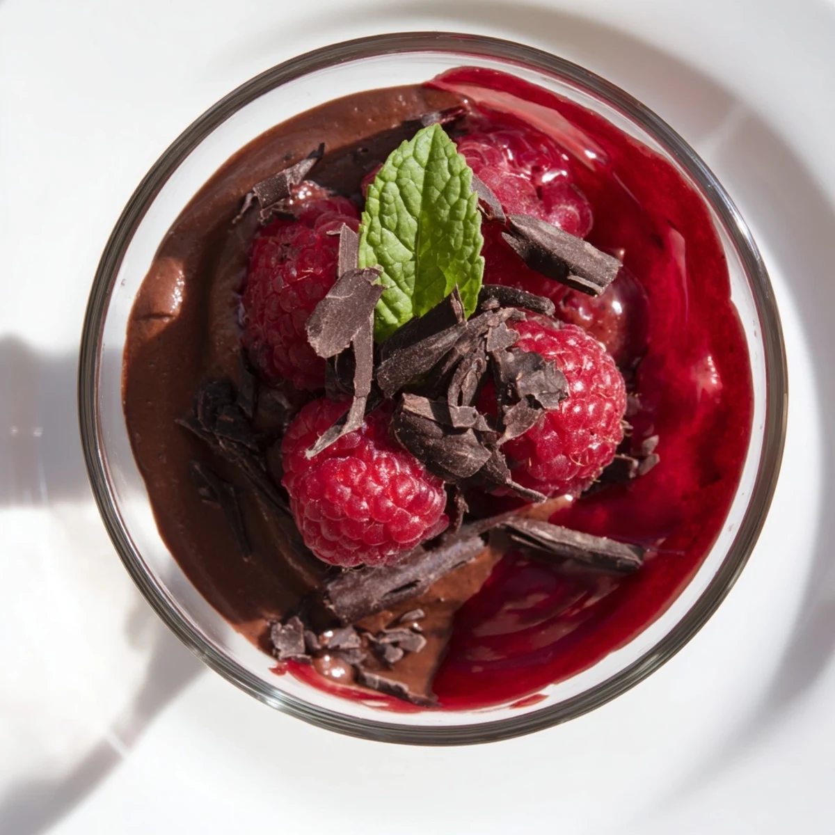 Dessert glass holding creamy chocolate mousse and ruby raspberry coulis, finished with shavings and mint leaves.