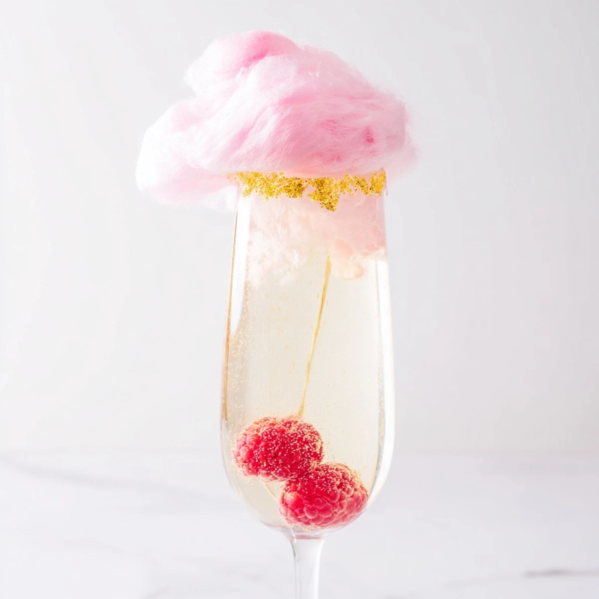 Sparkling pink champagne mocktail served in a champagne flute with a tuft of pink cotton candy dissolving on top and fresh raspberries on the rim, perfect for celebrations.