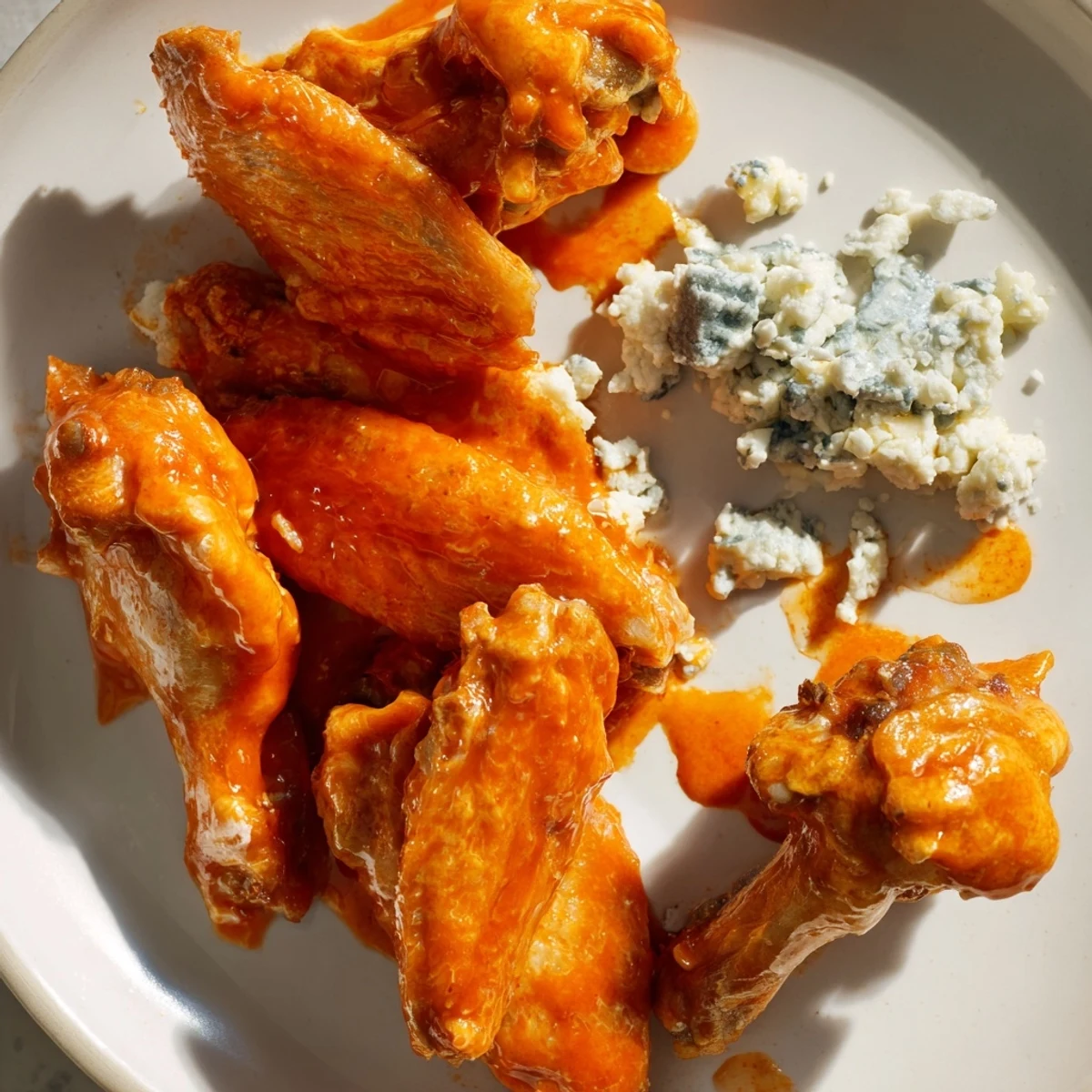 Crispy Buffalo Chicken Wings with Blue Cheese Dip glistening with tangy red sauce and a creamy blue cheese dip alongside fresh celery and carrot sticks.