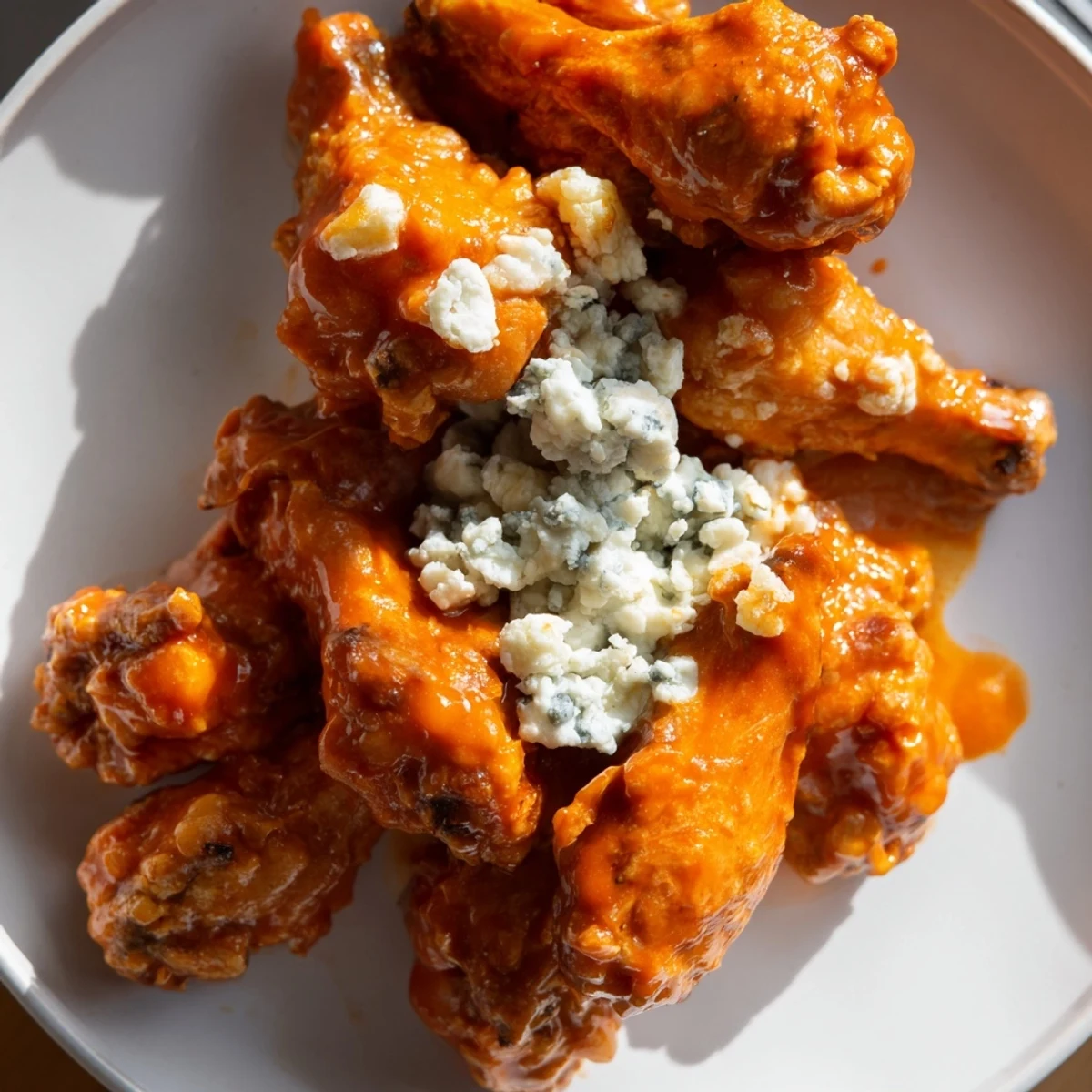 Golden-baked Crispy Buffalo Chicken Wings with Blue Cheese Dip piled high on a platter, perfect for game day or party snacking.