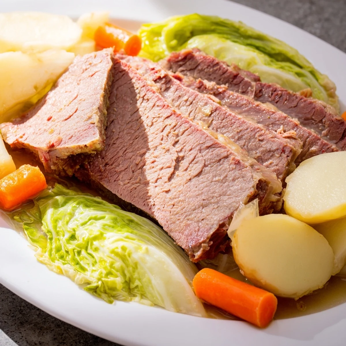 Slow Cooked Corned Beef Brisket with Cabbage, tenderly simmered with potatoes and carrots in savory broth.