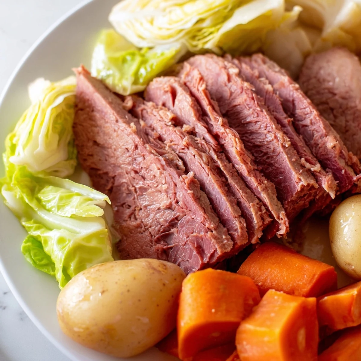 Slice of Slow Cooked Corned Beef Brisket with Cabbage plated alongside root vegetables and grainy mustard.
