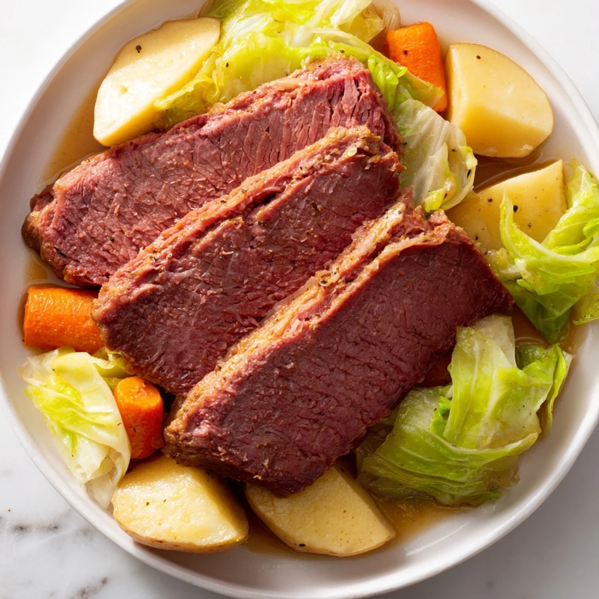 A rustic platter of Slow Cooked Corned Beef Brisket with Cabbage, carrots, and potatoes for St. Patrick's Day.