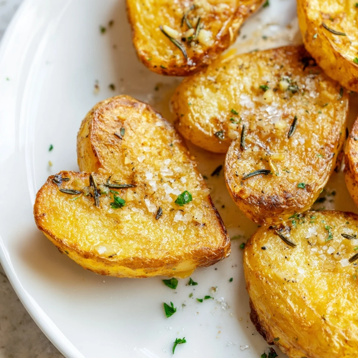 A close-up of tender roasted heart potatoes, glistening with olive oil and fresh herbs, perfect for a romantic dinner.