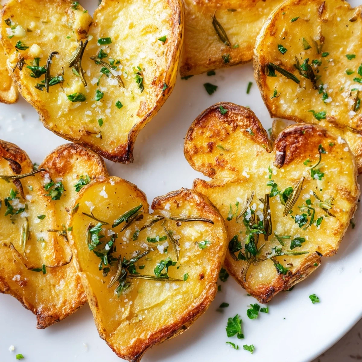 Golden roasted heart-shaped potatoes, garnished with flaky sea salt and parsley, served warm on a rustic platter.