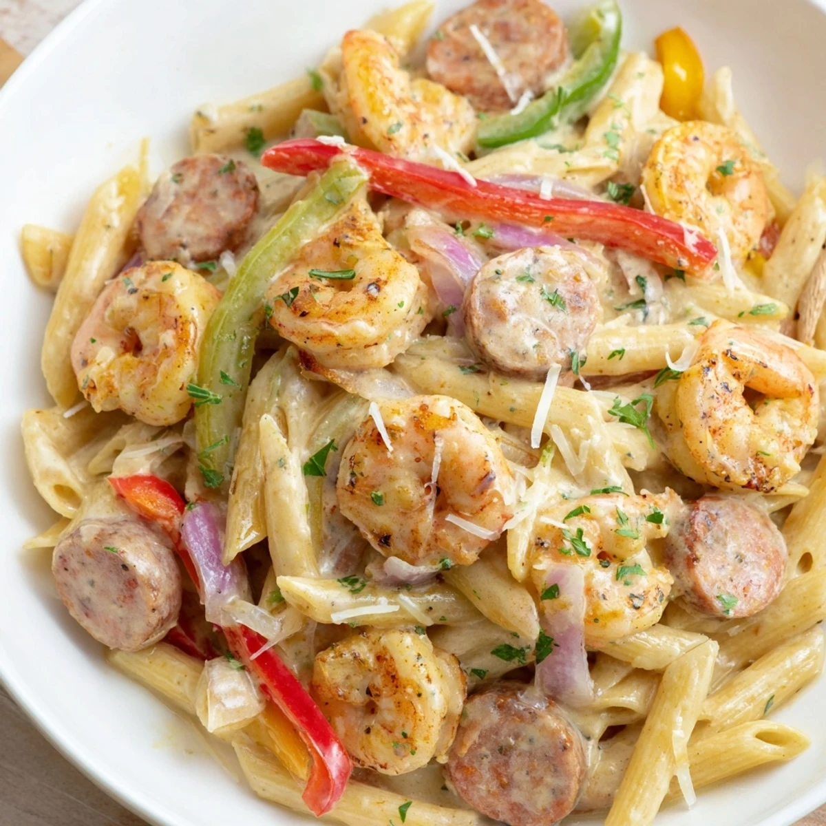 Tender shrimp and smoky turkey sausage swim in a creamy Cajun sauce over penne pasta for a hearty meal.