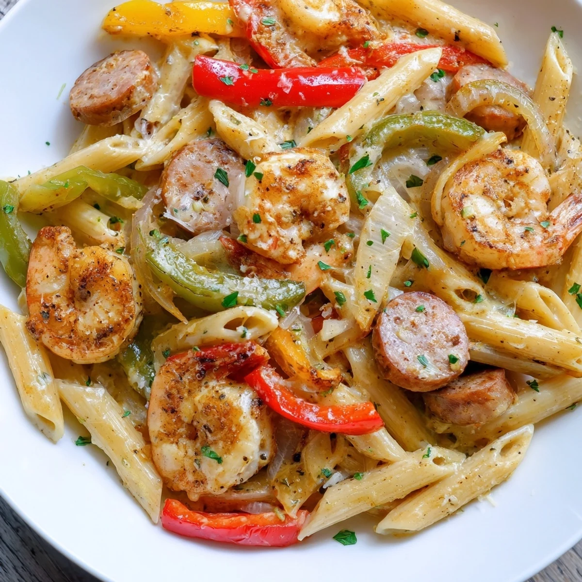 Steaming plates of Cajun shrimp and turkey sausage pasta served with colorful bell peppers, ideal for family dinners.