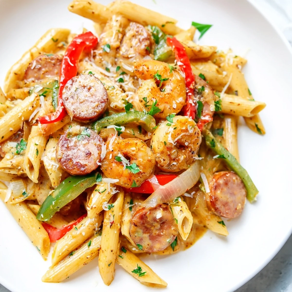 A close-up of creamy Cajun shrimp and turkey sausage pasta garnished with fresh parsley and grated Parmesan.