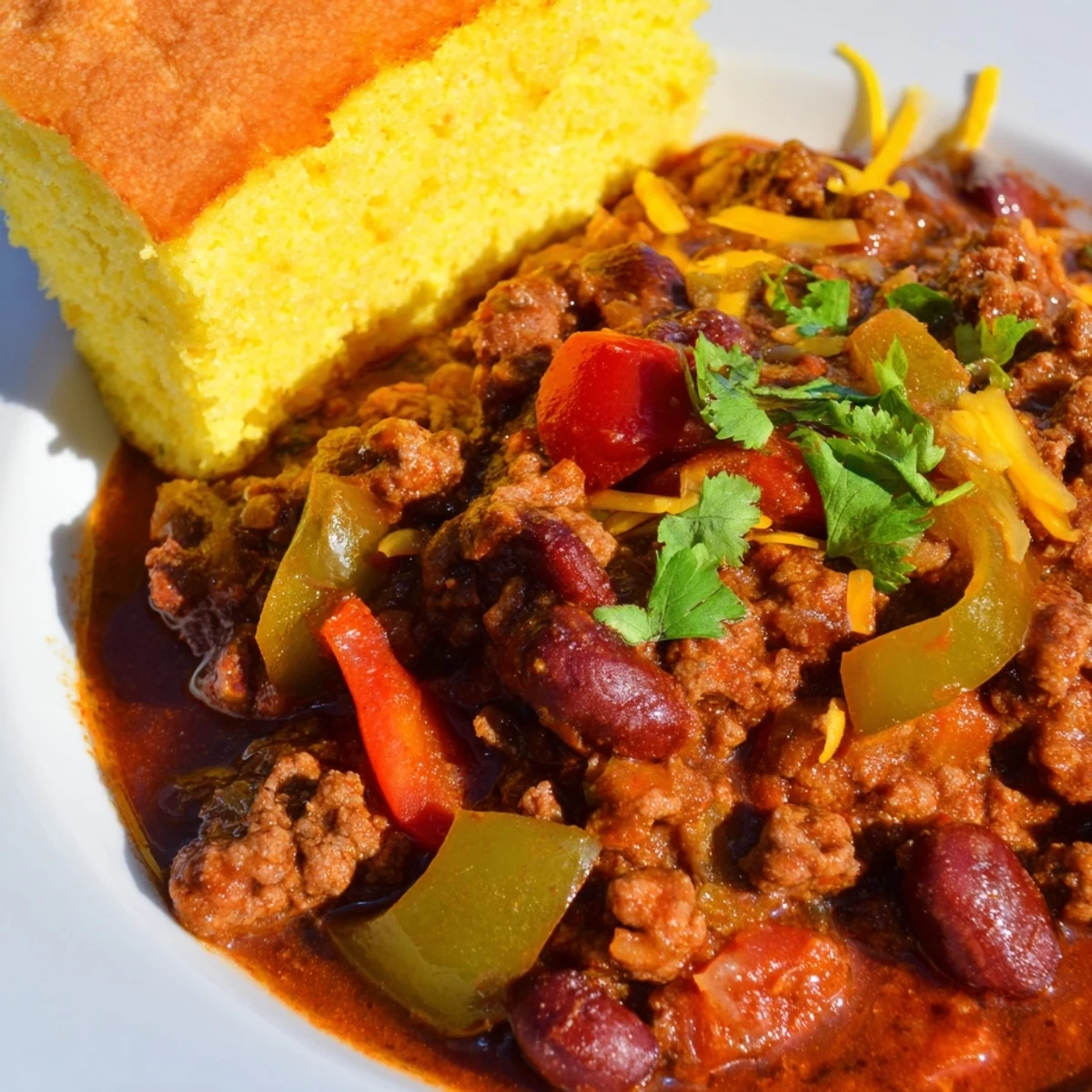 A steaming bowl of Game Day Beef Chili topped with cilantro and sour cream, paired with golden, cheesy cheddar cornbread slices.