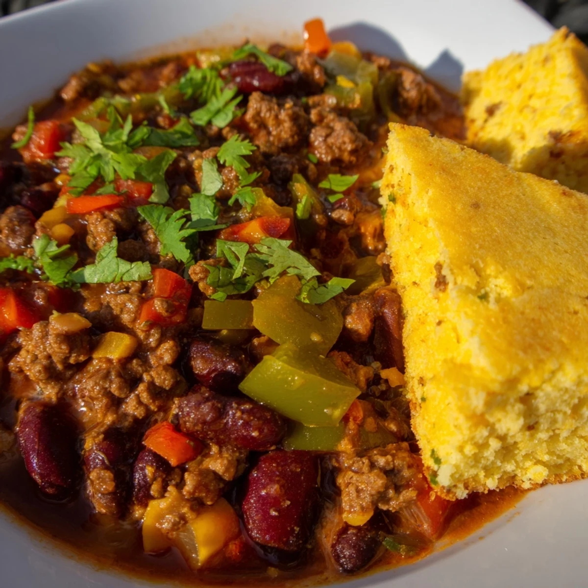 Hearty Game Day Beef Chili simmering with beans and spices, served beside a warm square of moist cheddar cornbread.
