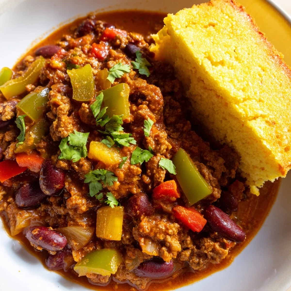 Game Day Beef Chili in a rustic pot with a chunk of sharp cheddar cornbread ready for dipping on the side.