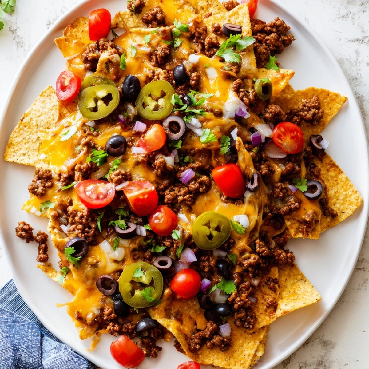 A close-up view of spicy beef nachos supreme, featuring crispy tortilla chips loaded with melted cheese, seasoned beef, and fresh toppings alongside creamy homemade guacamole.