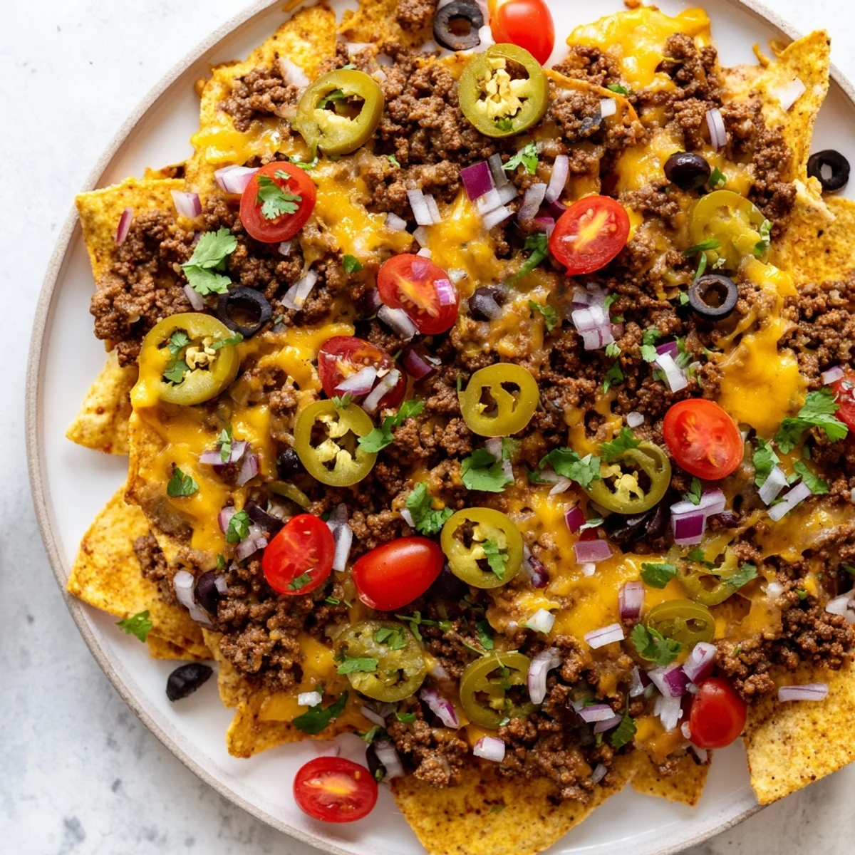 Spicy beef nachos supreme topped with colorful ingredients: shredded cheese, black beans, cherry tomatoes, pickled jalapeños, and chopped cilantro, served with guacamole.