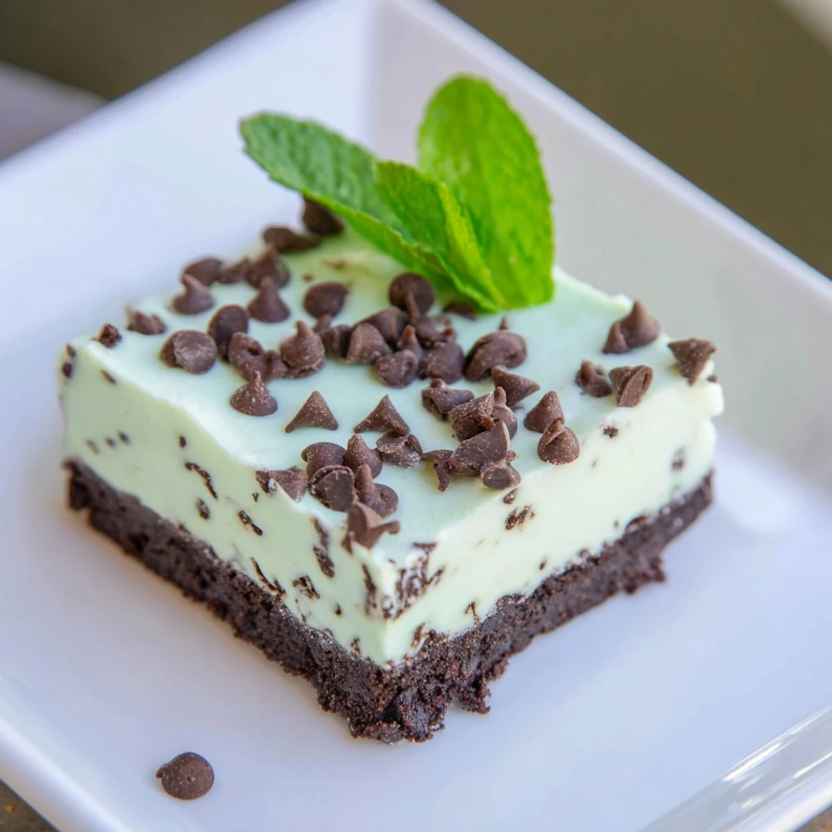 Creamy mint chocolate chip cheesecake bars on a marble counter, with fresh mint leaves and extra chocolate chips for garnish.