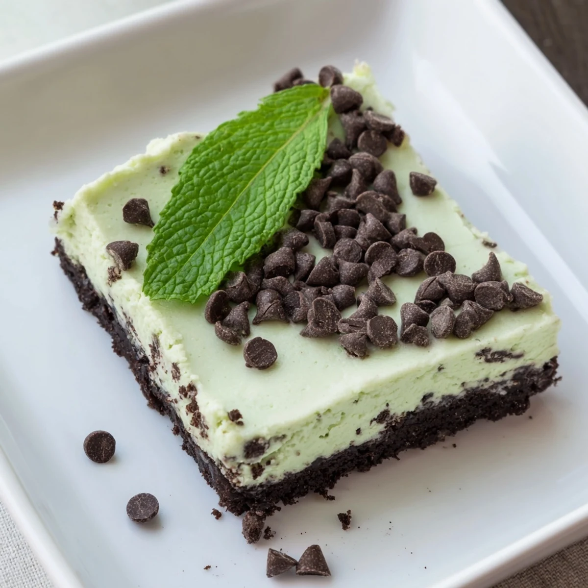 Sliced mint chocolate chip cheesecake bars reveal layers of chocolate cookie crust and smooth, mint-infused filling.