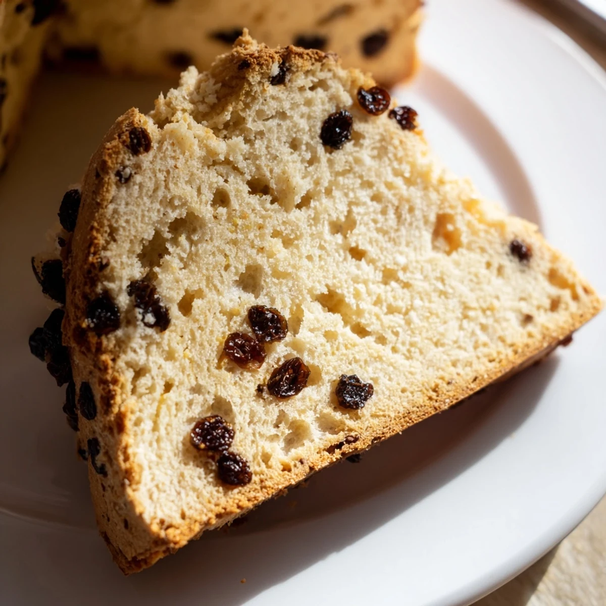 A freshly baked Irish Soda Bread with Currants and Caraway sits on a wooden board, featuring a deep cross on top and a golden-brown crust.
