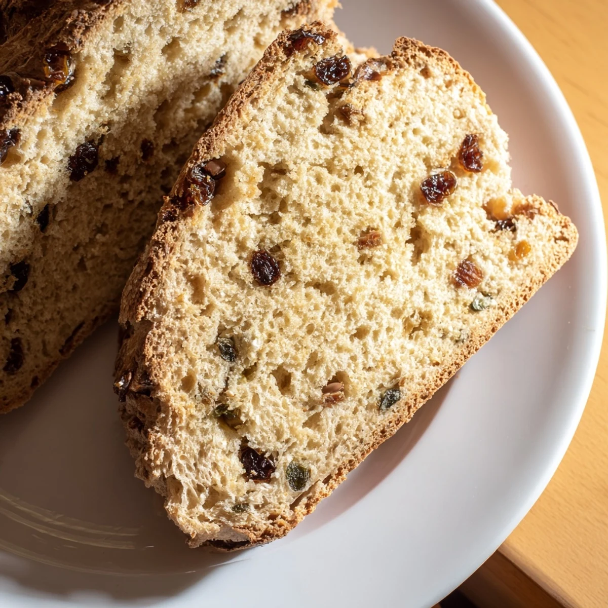 Warm from the oven, the Irish Soda Bread with Currants and Caraway displays a speckled crust with caraway seeds, offering a comforting aroma for breakfast.