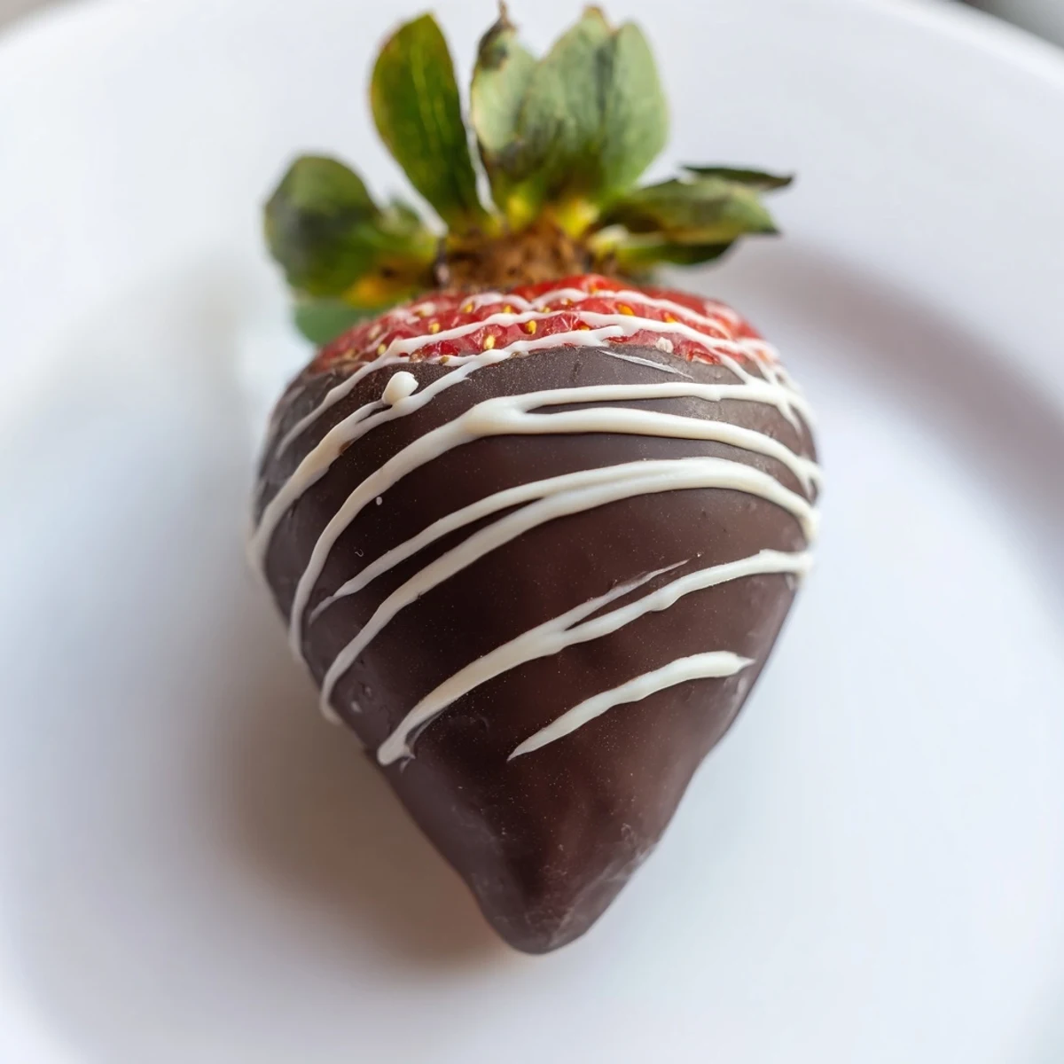 Freshly dipped dark chocolate strawberries with white chocolate drizzle on a cooling rack, ready to serve as an elegant dessert.  