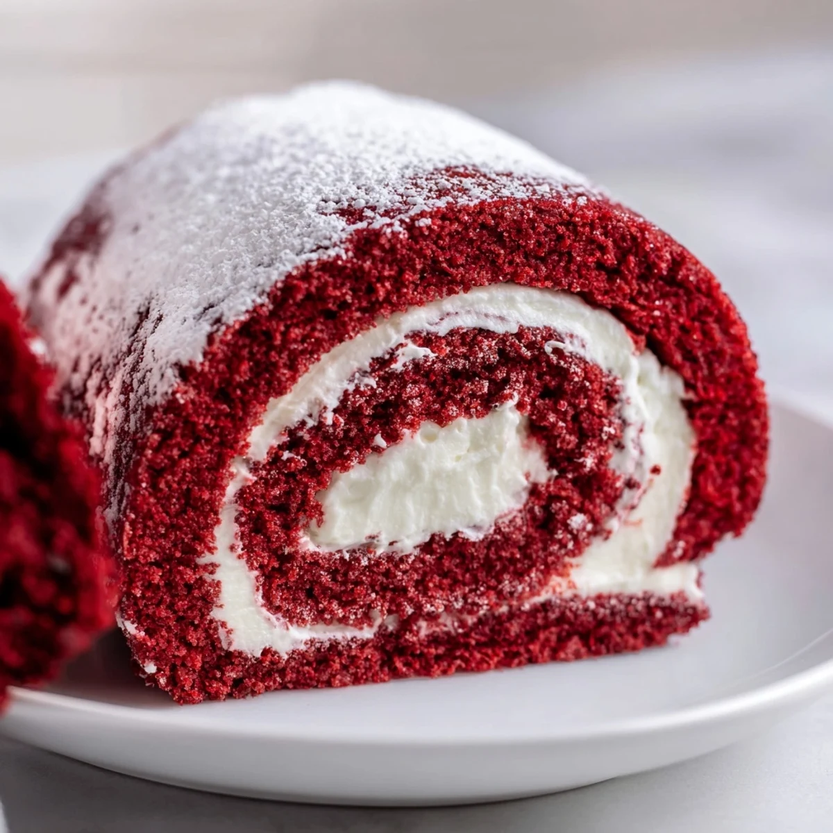 A freshly sliced Red Velvet Cake Roll reveals the creamy white filling spiraled with the moist, cocoa-red sponge.
