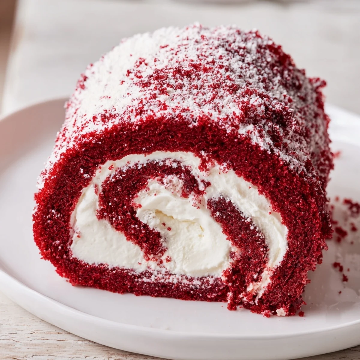 A festive Red Velvet Cake Roll dusted with powdered sugar sits on a rustic wooden board, ready to serve.