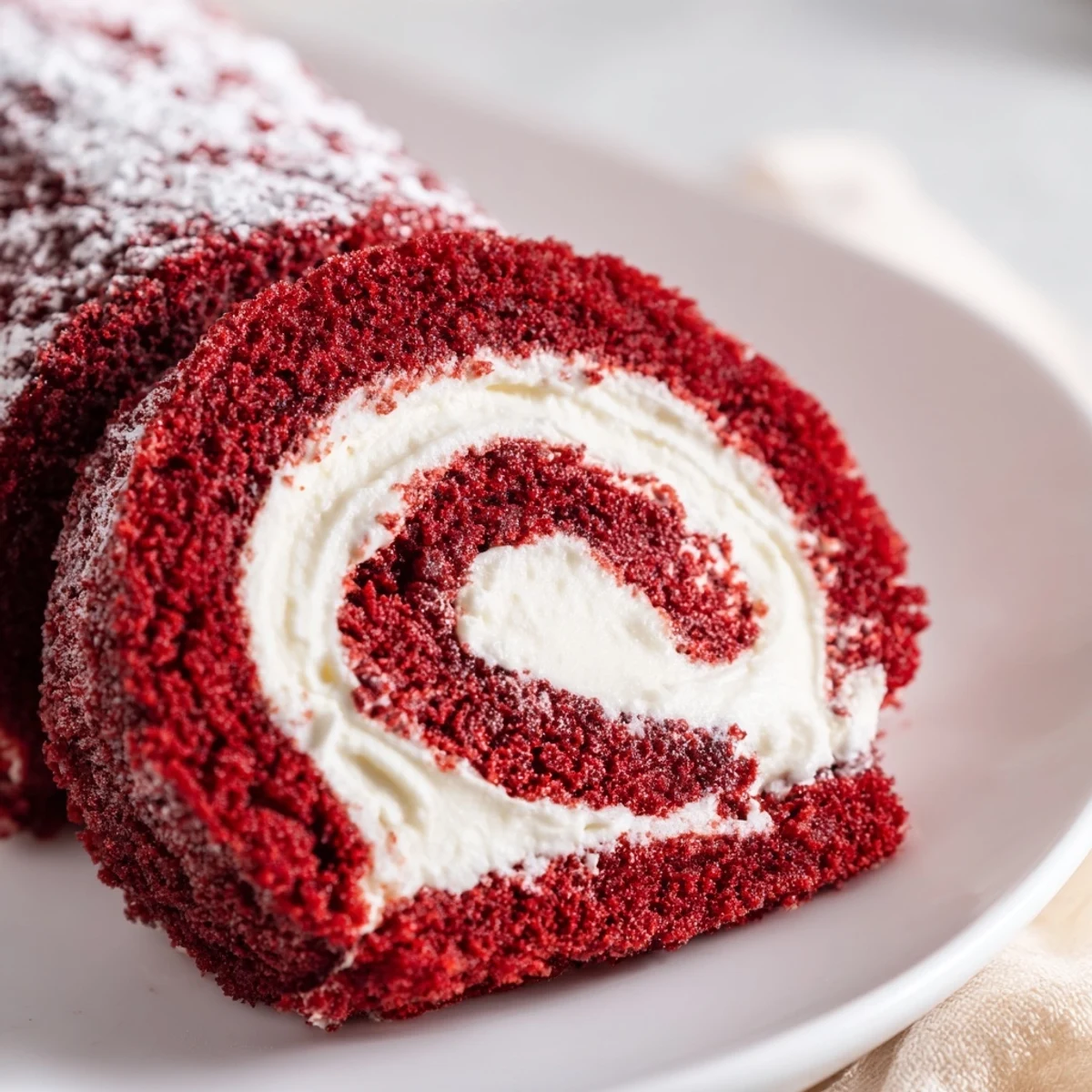 A close-up of a Red Velvet Cake Roll shows tender, red velvet layers wrapped around a fluffy cream cheese swirl.