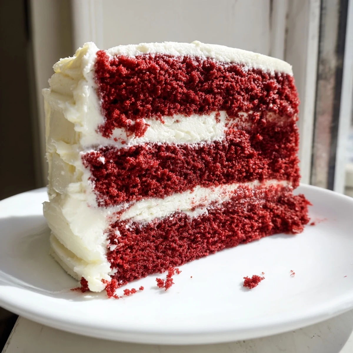 Moist layers of Red Velvet Cake with Cream Cheese Frosting, a rich crimson dessert perfect for celebrations.