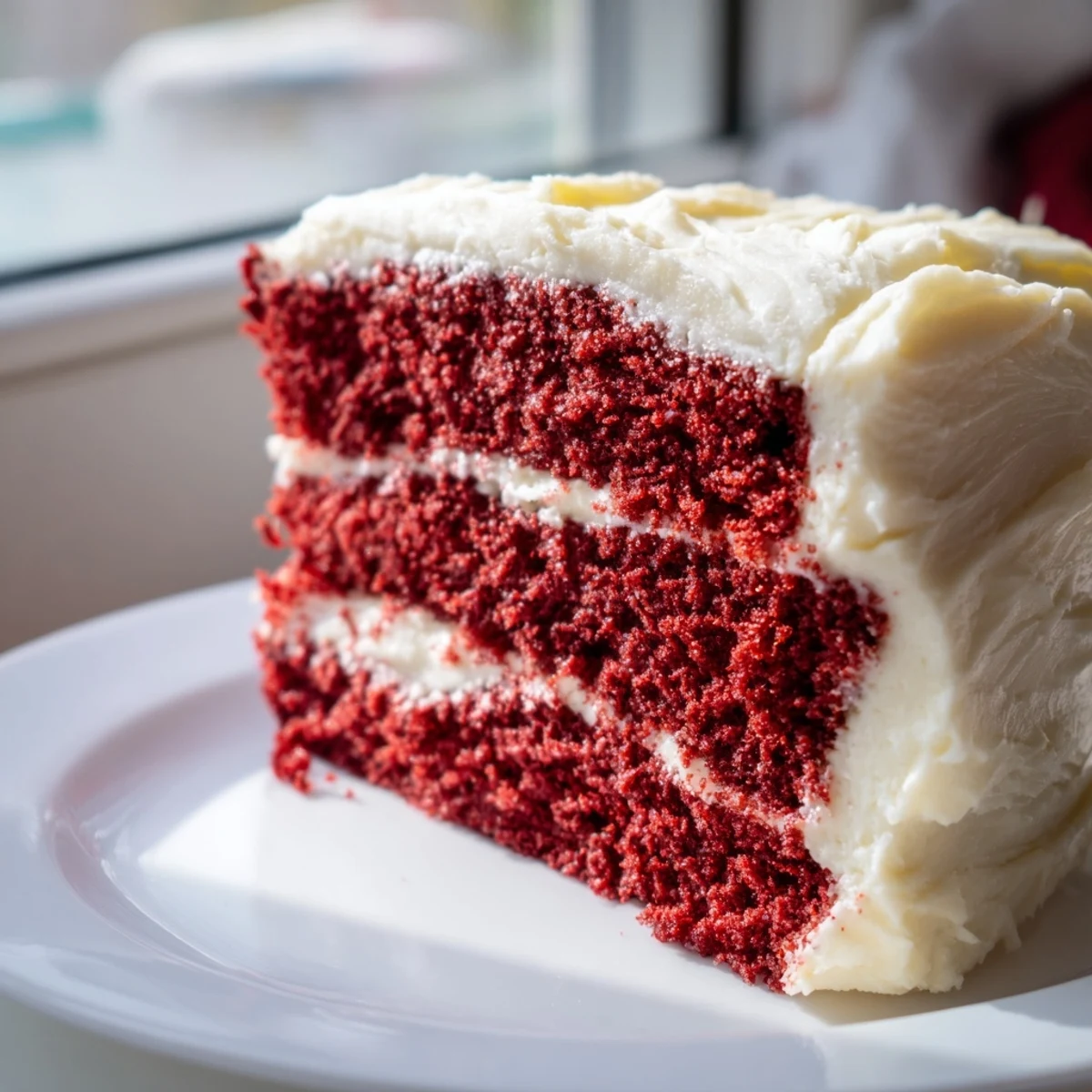 A slice of Red Velvet Layer Cake with Cream Cheese Frosting, showing smooth white frosting and vibrant red layers.