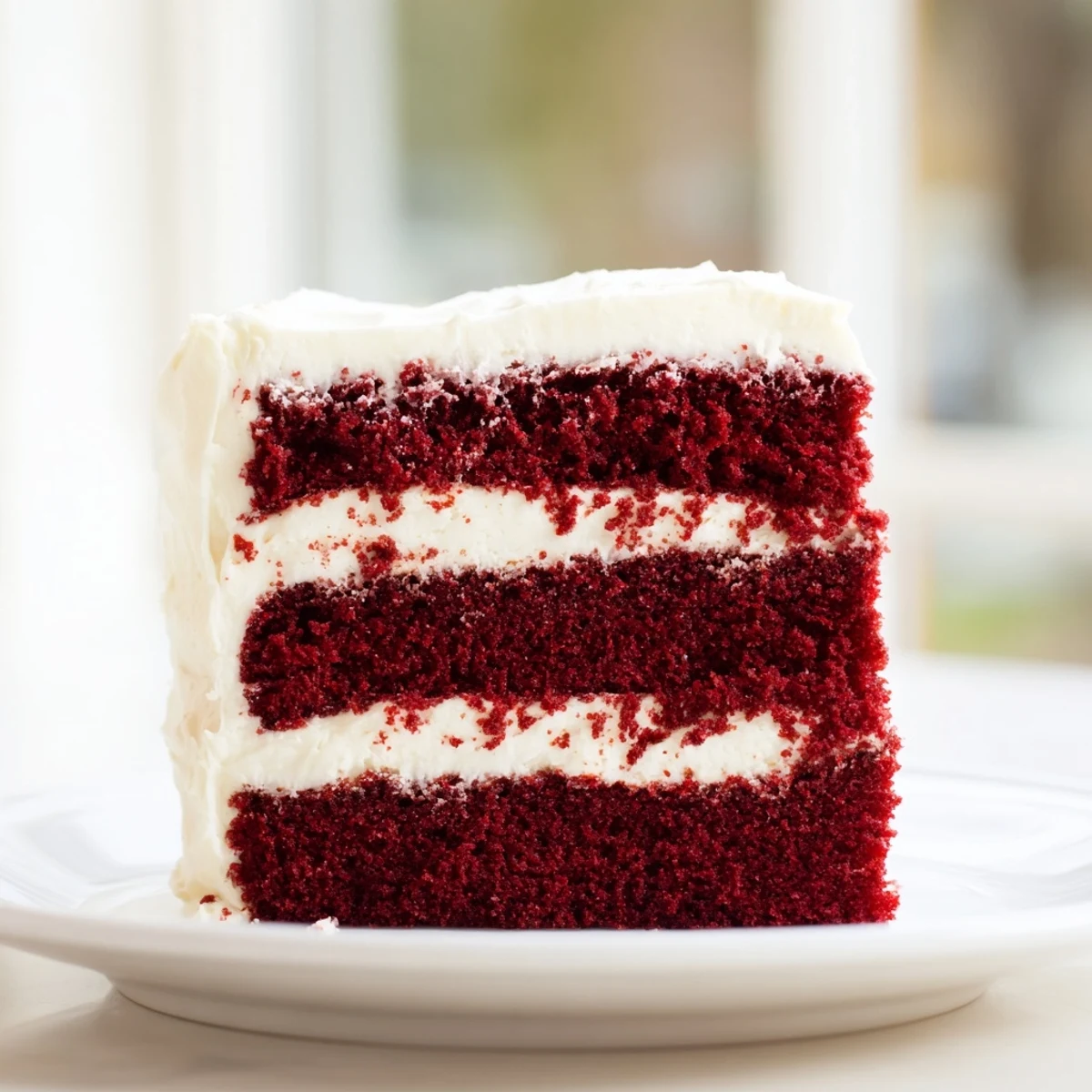 Classic Red Velvet Layer Cake with Cream Cheese Frosting, garnished with crumbs and ready to serve at a party.