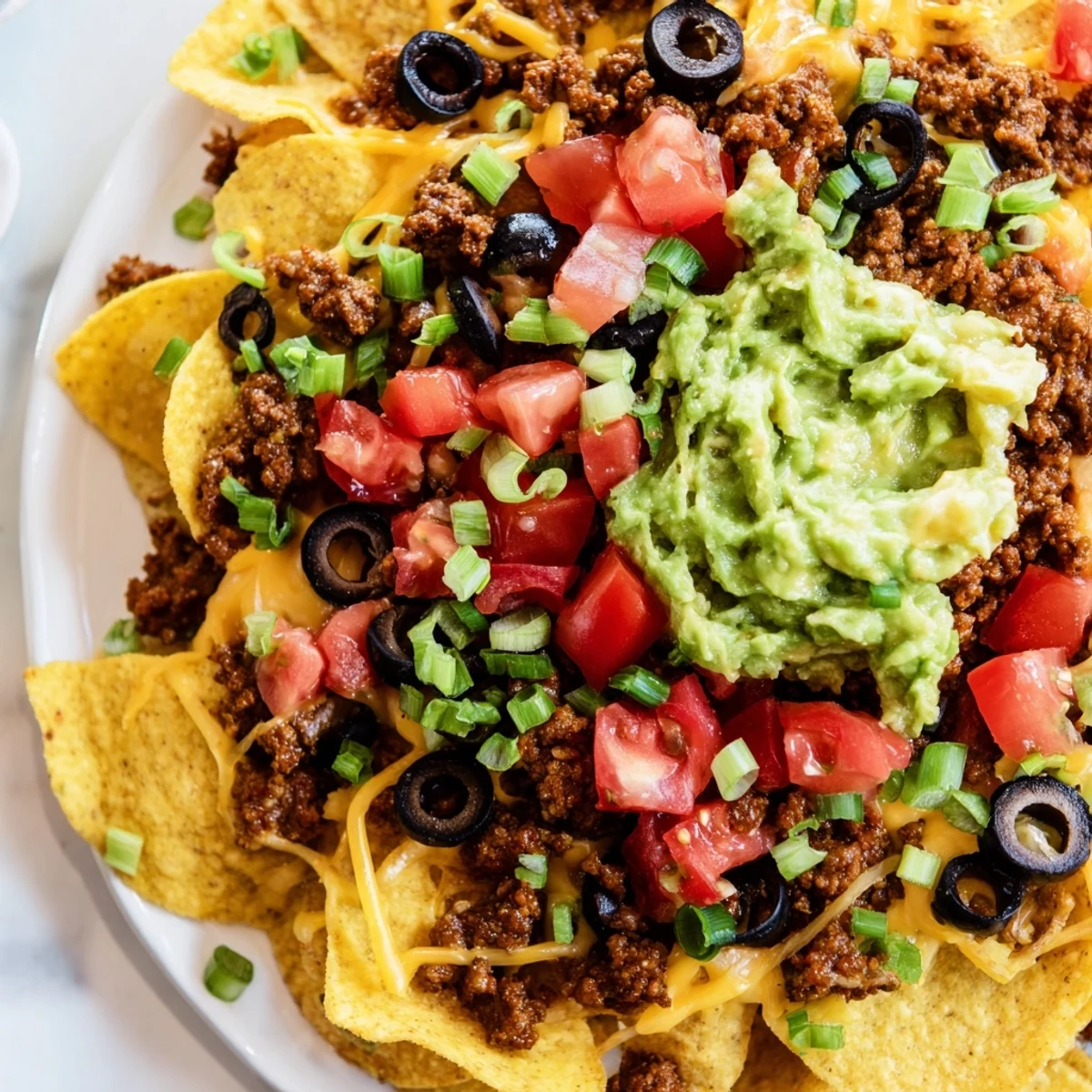 A vibrant platter of Spicy Beef Nachos Supreme with Fresh Guacamole, featuring melted cheese on crispy chips.