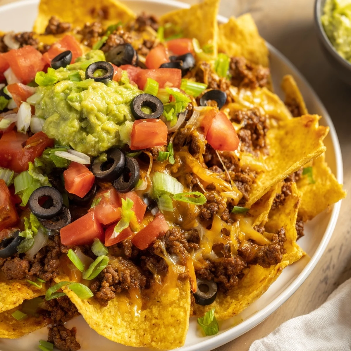Fresh guacamole garnishes Spicy Beef Nachos Supreme, served warm with black beans and ripe tomatoes.