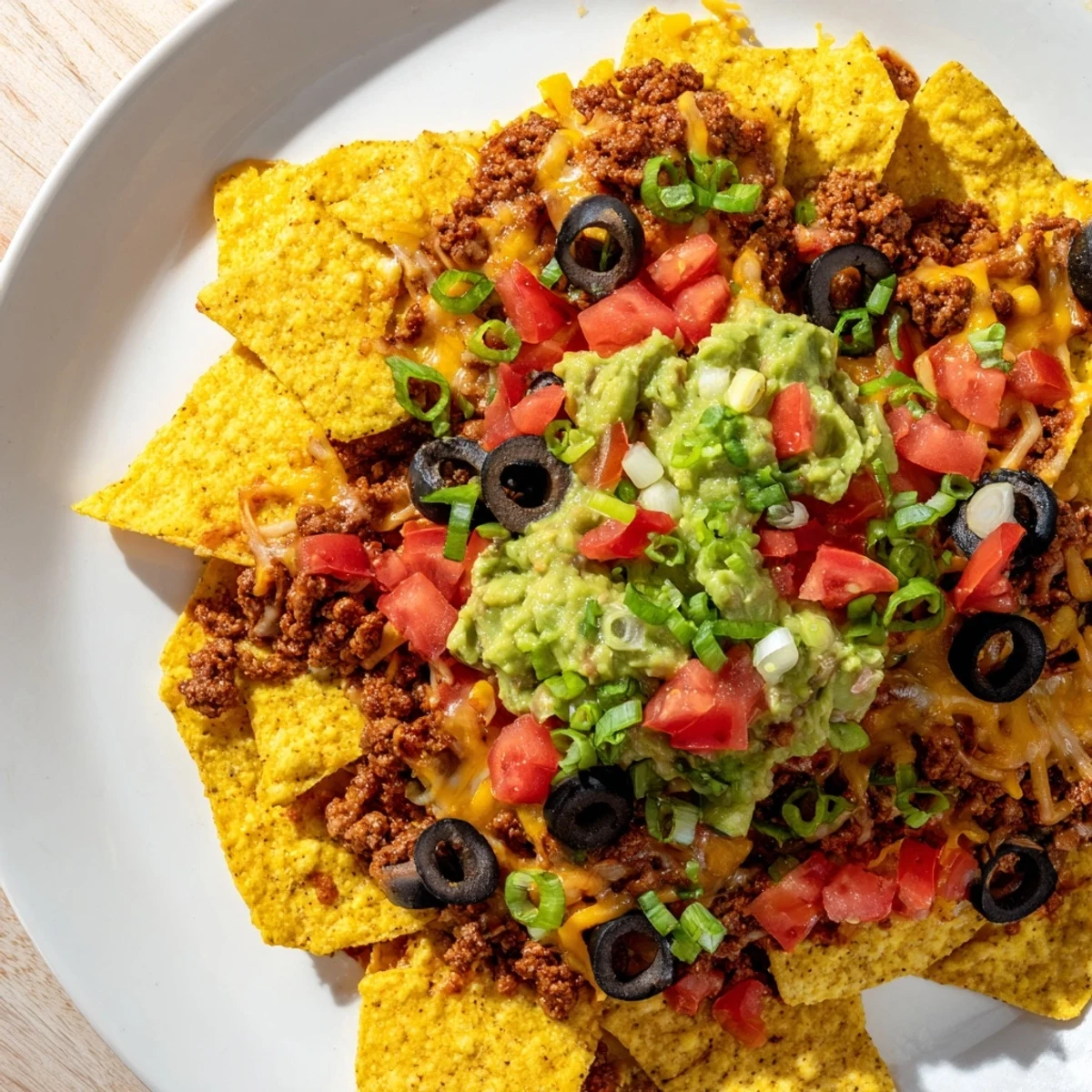 Hearty Spicy Beef Nachos Supreme with Fresh Guacamole, perfect for game day gatherings and sharing.
