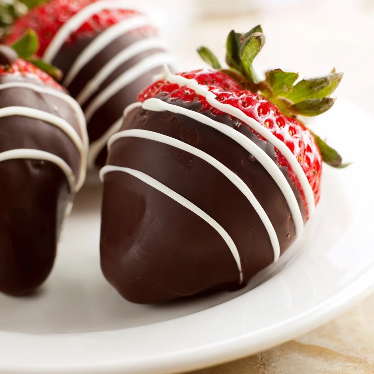 Juicy whole strawberries with stems, coated in rich dark chocolate and finished with delicate white chocolate lines, ready for a celebration platter.