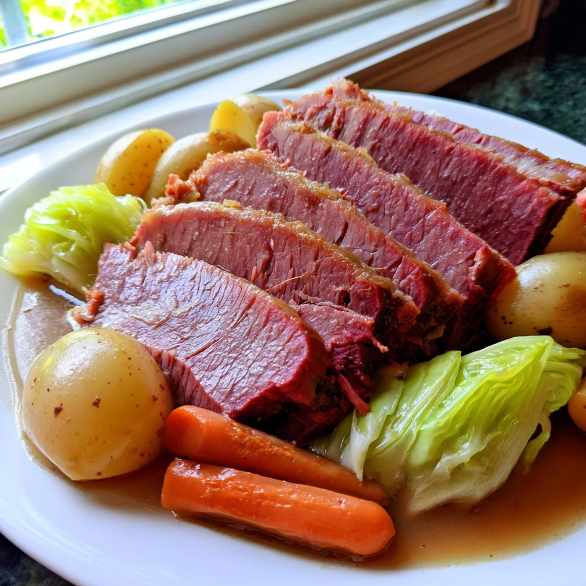 Tender slow cooked corned beef with cabbage and potatoes, served in a flavorful broth in a rustic bowl.