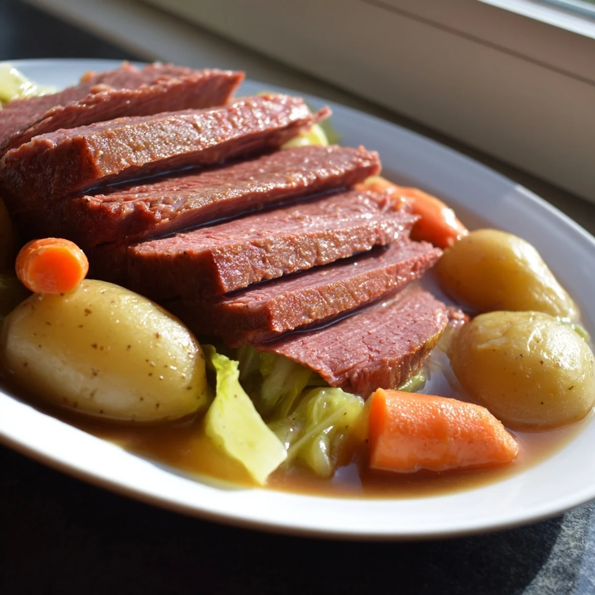 A hearty slow cooked corned beef with cabbage and potatoes dish on a plate, with sliced meat and glazed carrots.