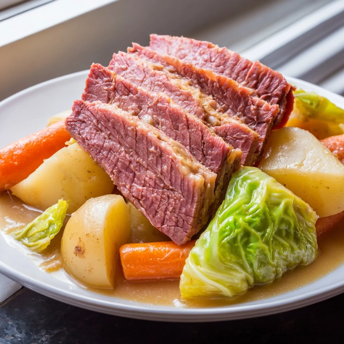 Stovetop view of slow cooked corned beef with cabbage and potatoes, with steam rising from the vegetables.