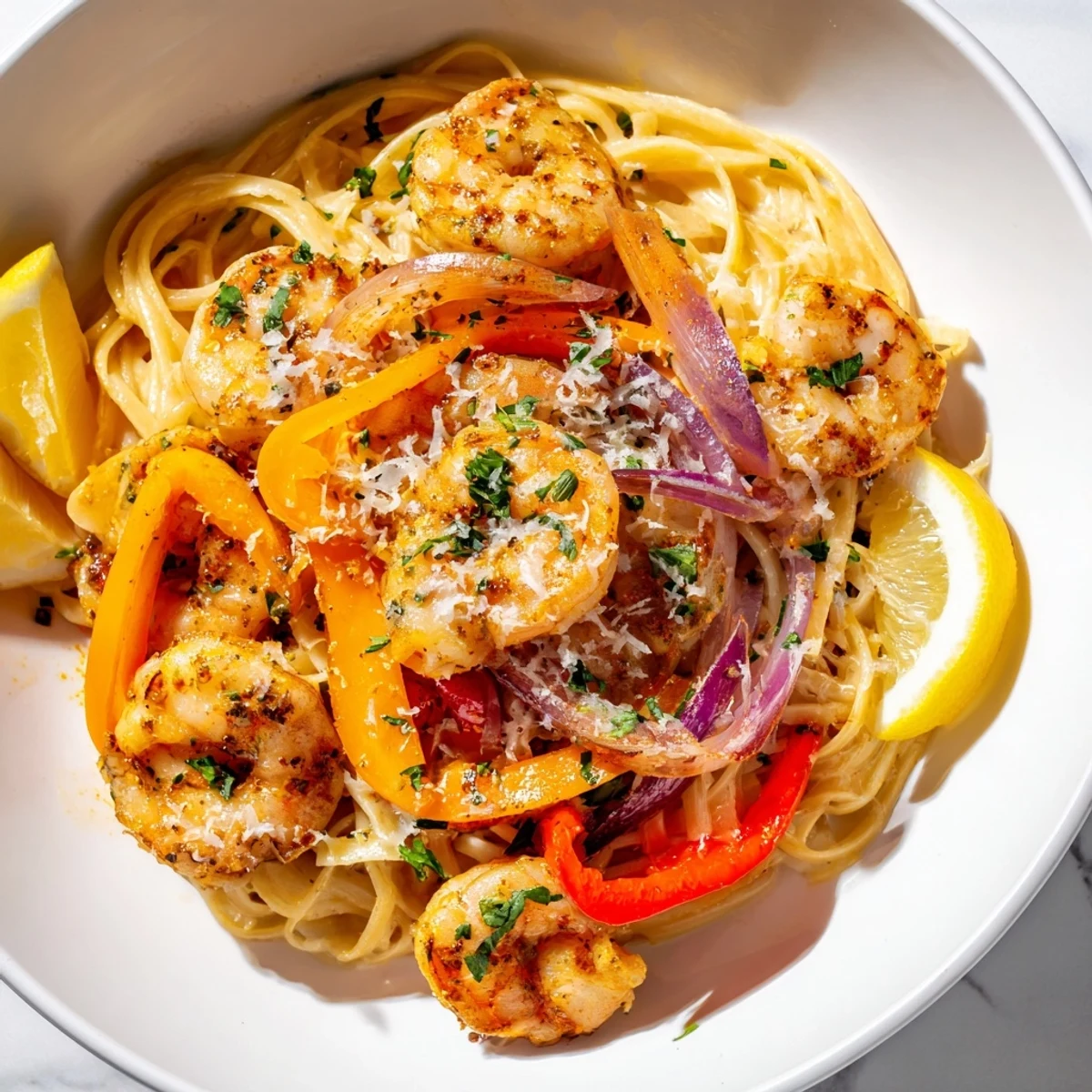 Steaming fettuccine noodles tossed in a rich Cajun cream sauce with plump, pink shrimp and vibrant bell peppers.