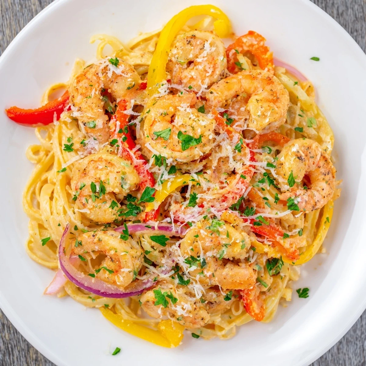 A close-up of creamy Cajun shrimp pasta featuring colorful peppers and fresh parsley, ready for a weeknight dinner.