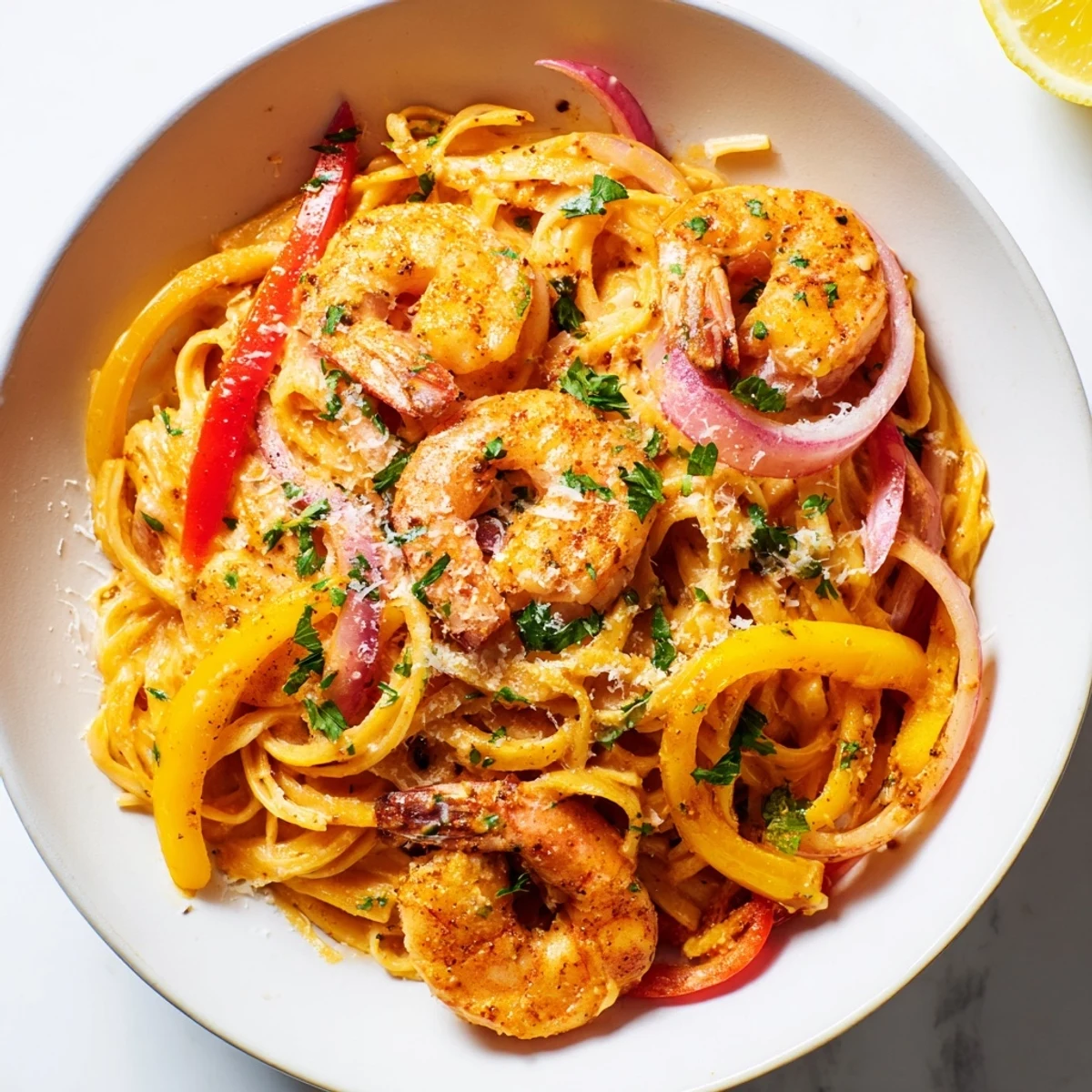 Tender shrimp and sautéed bell peppers nestled in a luscious Cajun sauce over pasta, garnished with lemon wedges.